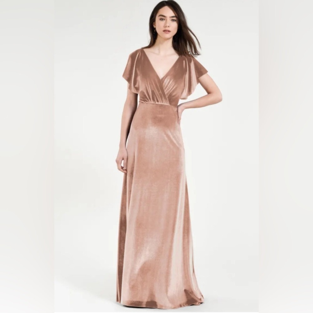 BHLDN Jenny Yoo Ellis Flutter-Sleeve Open-Back Stretch Velvet Dress in Prosecco